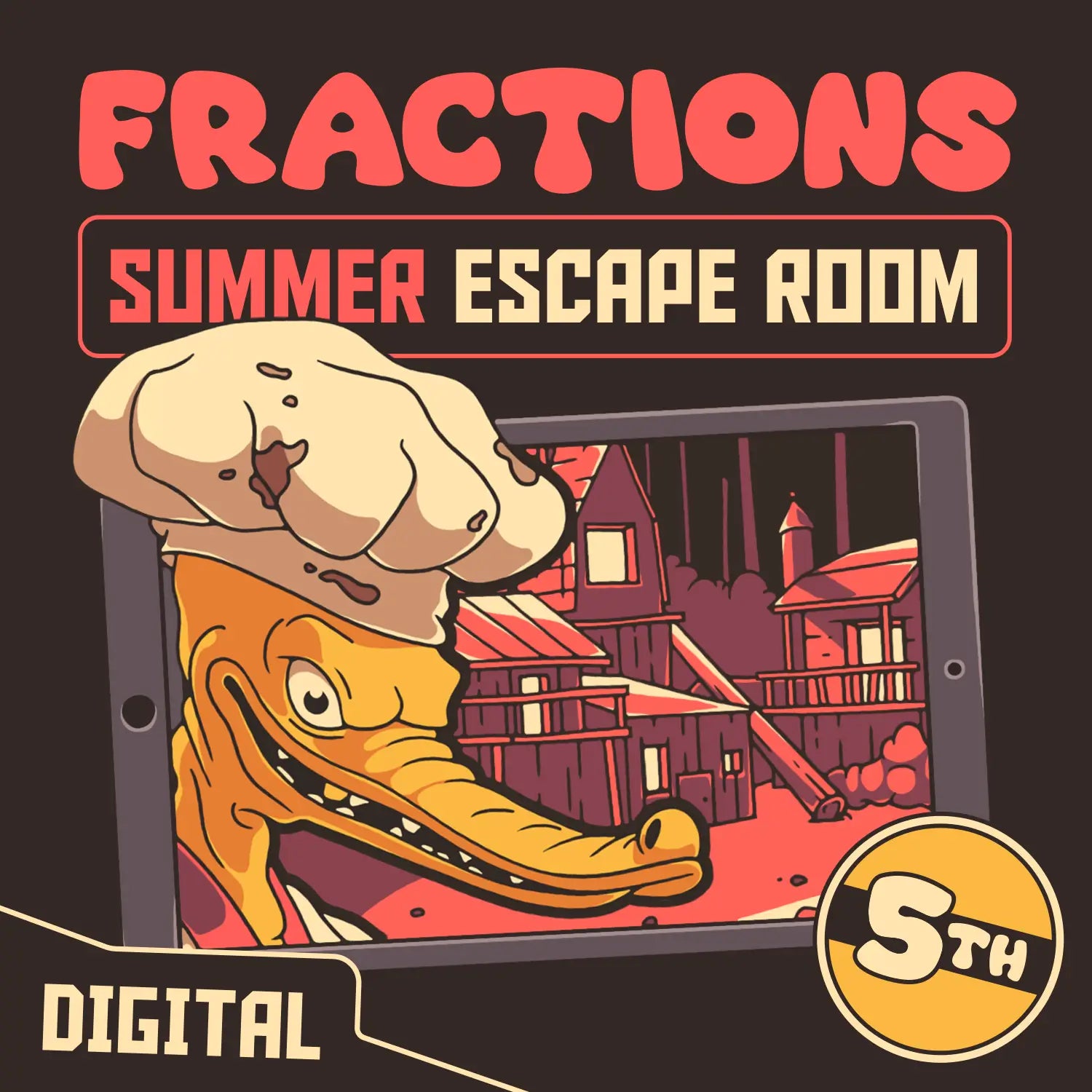 Digital summer escape room covering 5th grade fractions, titled "Puzzle Punks: Camp Calamari."