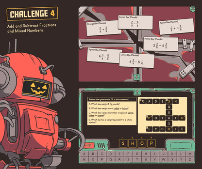 Digital fall adding and subtracting fractions and mixed numbers game for kids.