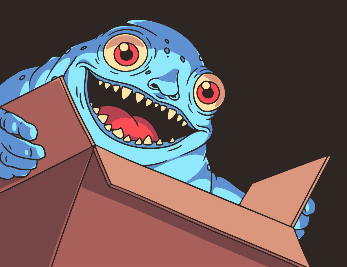 A villainous slug, with a smile on his face, opening up the Puzzle Punks free bonus content kit.