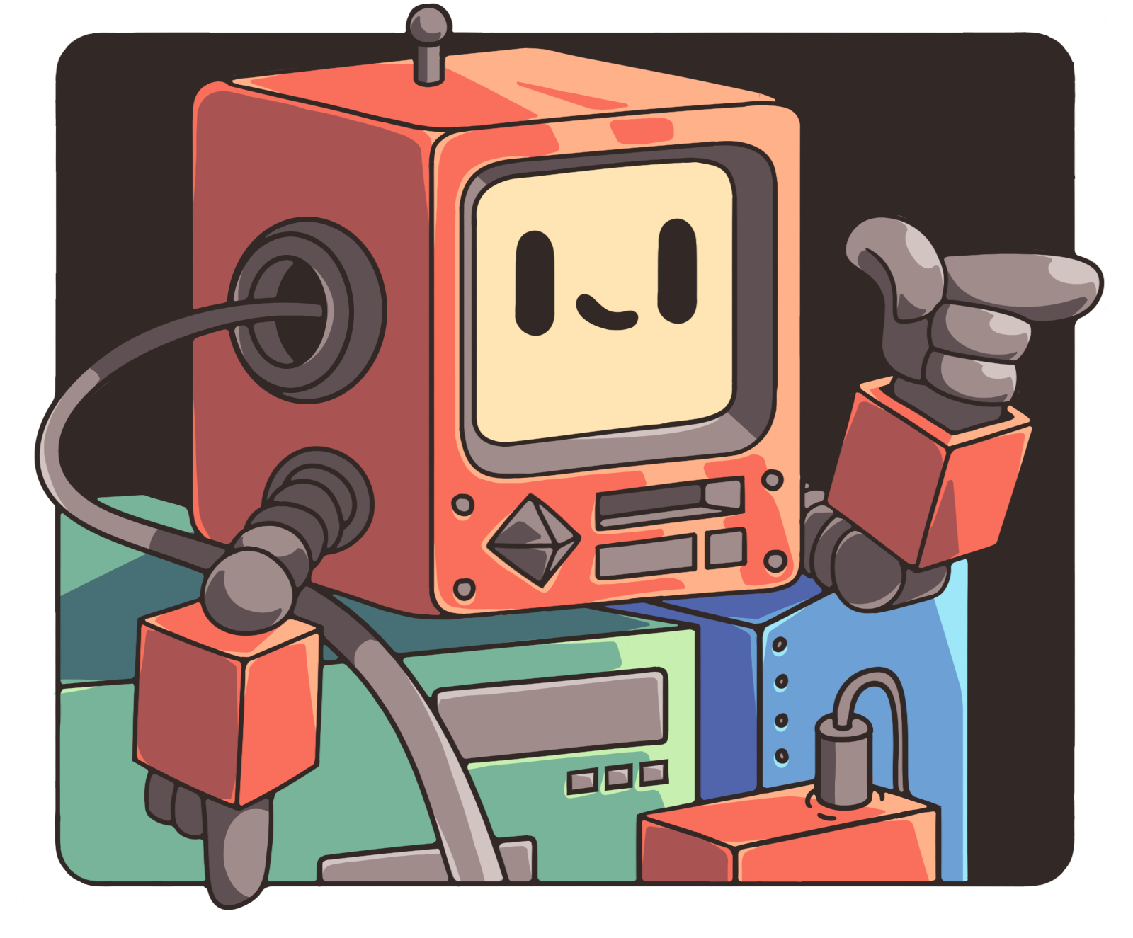 A cute red robot sitting atop a bundle of electronics.