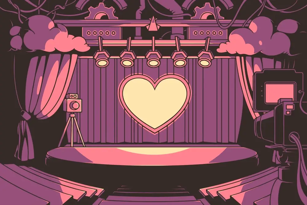 A view of the stage from the Puzzle Punks escape room "Cupid's Countdown: Love or Lose" featuring a glowing heart, lights, cameras, and seating.