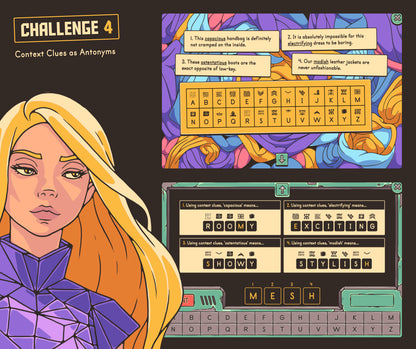 Digital context clues as antonyms game with short passages, a cryptogram, and  an answer section.