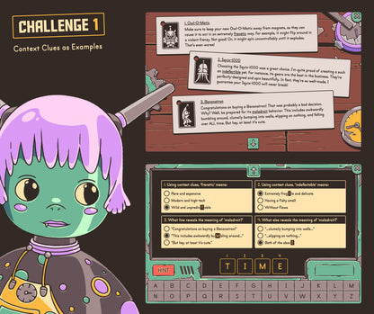 Virtual context clues as example activity with reading comprehension passages and multiple-choice questions.