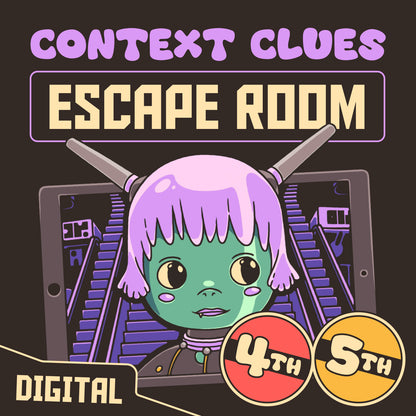 Cover image for a digital context clues escape room labeled for 4th and 5th grade classrooms.