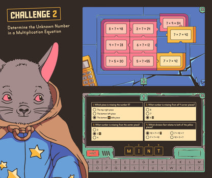 Digital determining the unknown number in a multiplication equation game with a puzzle and multiple-choice section.
