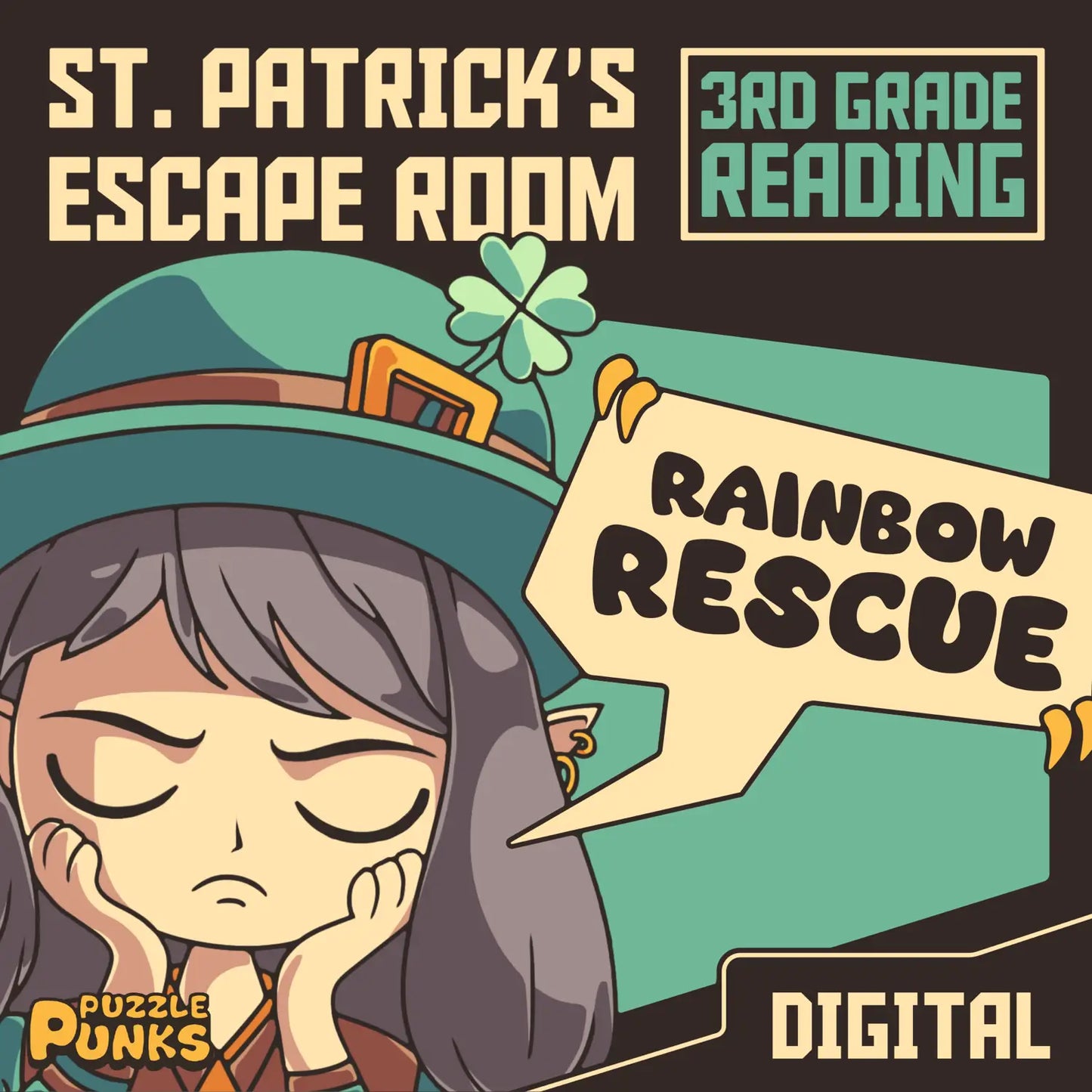 Digital St. Patrick's Day escape room for 3rd grade reading comprehension, titled "Rainbow Rescue."