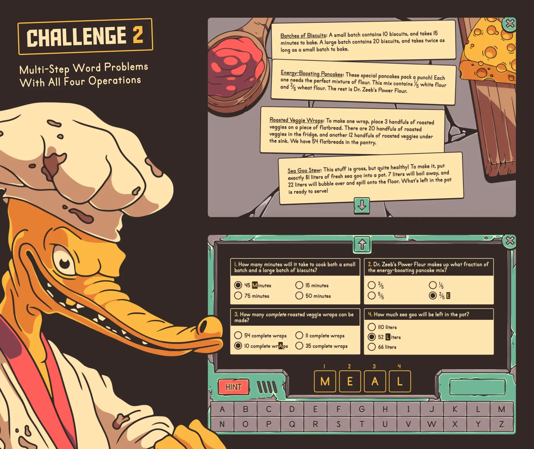 Online multi-step word problems with all four operations game with a summer theme and a multiple-choice section.
