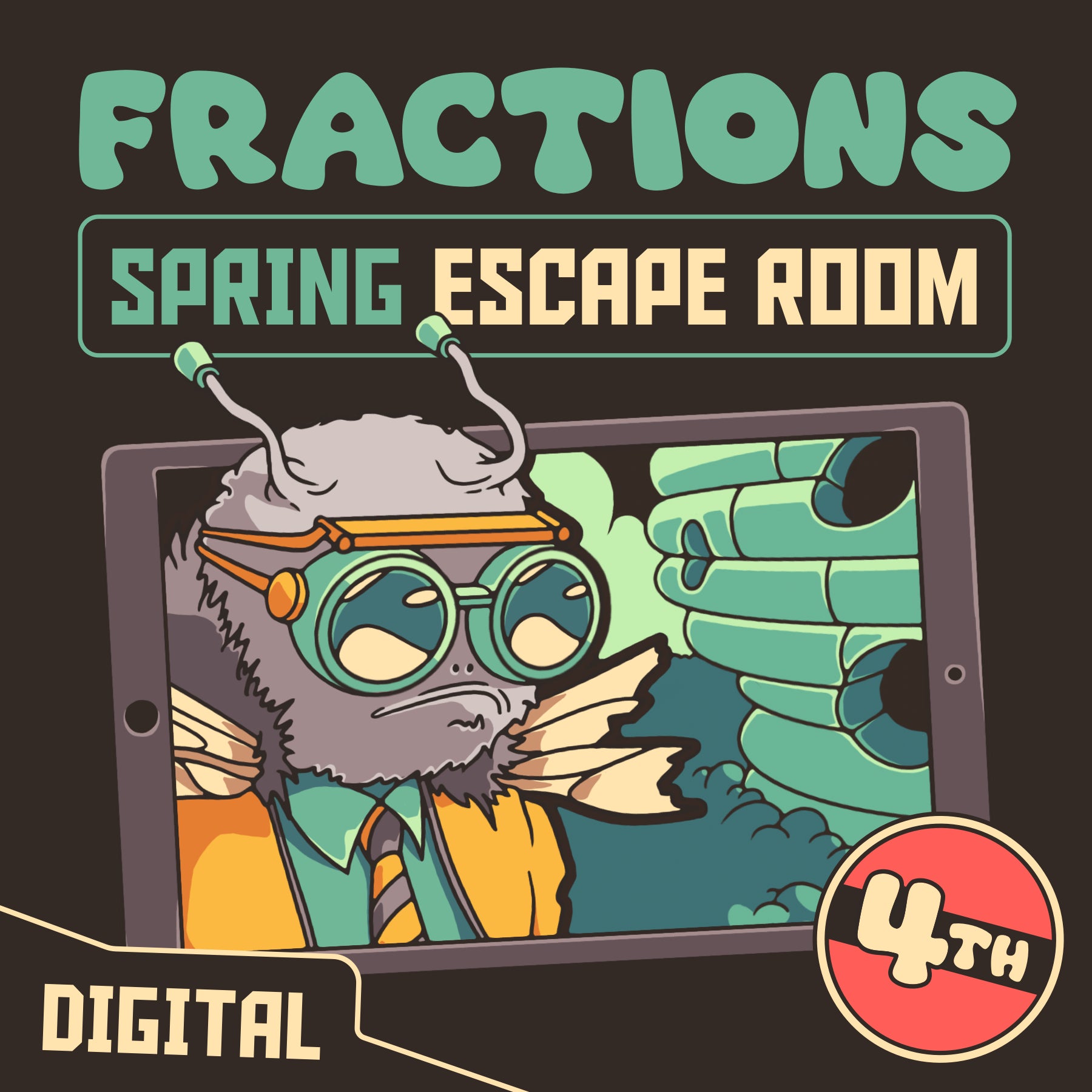 4th grade fractions escape room for digital devices, themed for spring and test prep.