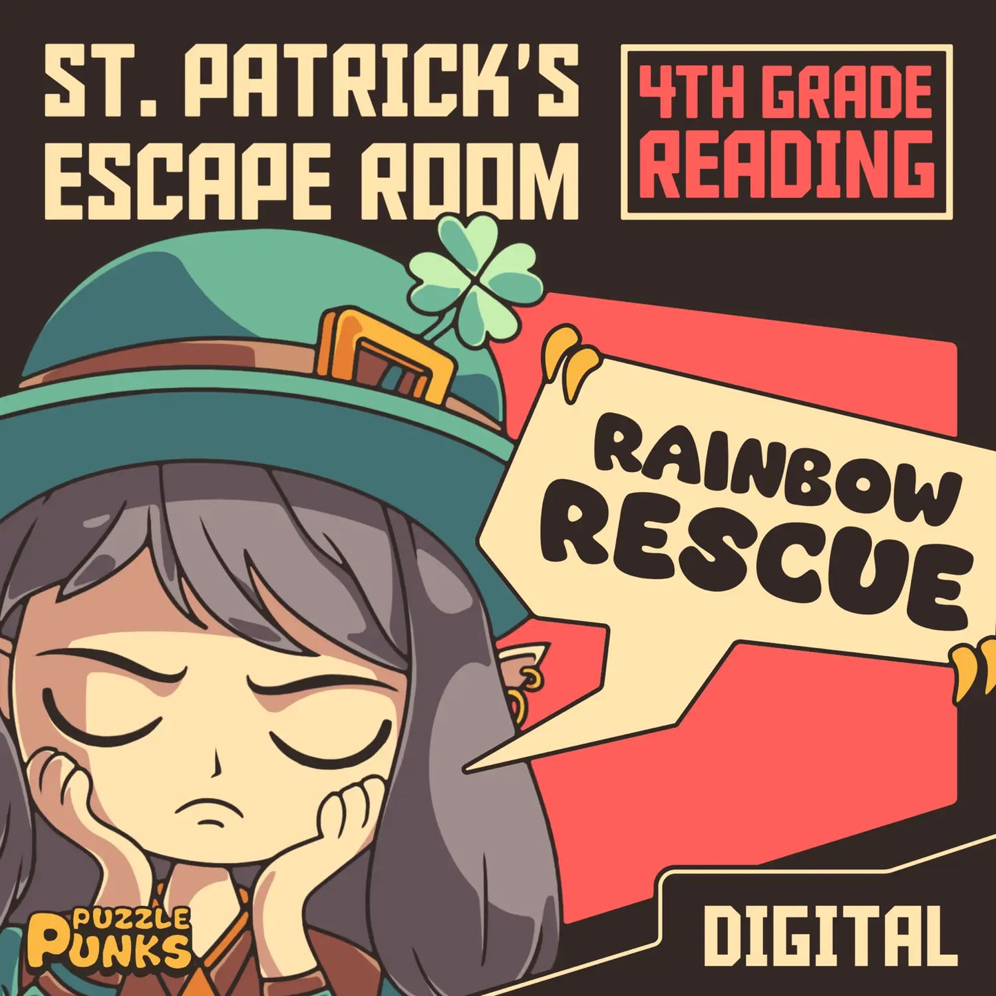 Digital St. Patrick's Day escape room for 4th grade reading comprehension, titled "Rainbow Rescue."