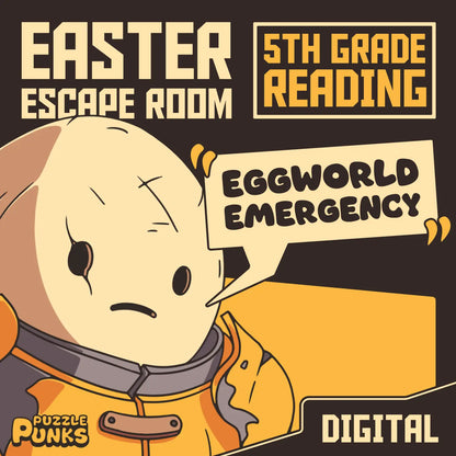 5th grade reading comprehension digital escape room with an Easter theme, titled "Puzzle Punks: Eggworld Emergency."