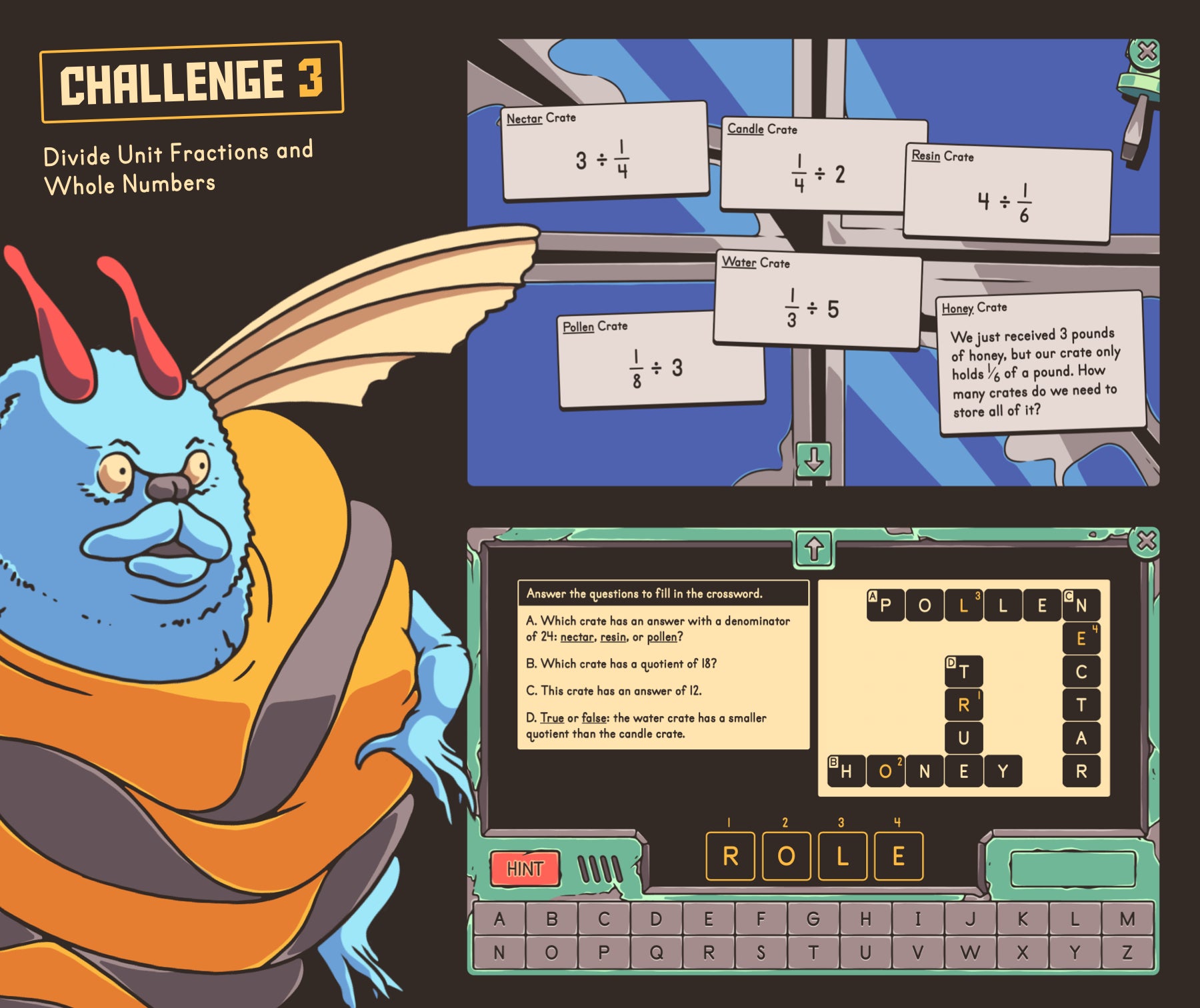 Virtual 5th grade dividing unit fractions and whole numbers activity for spring test prep.