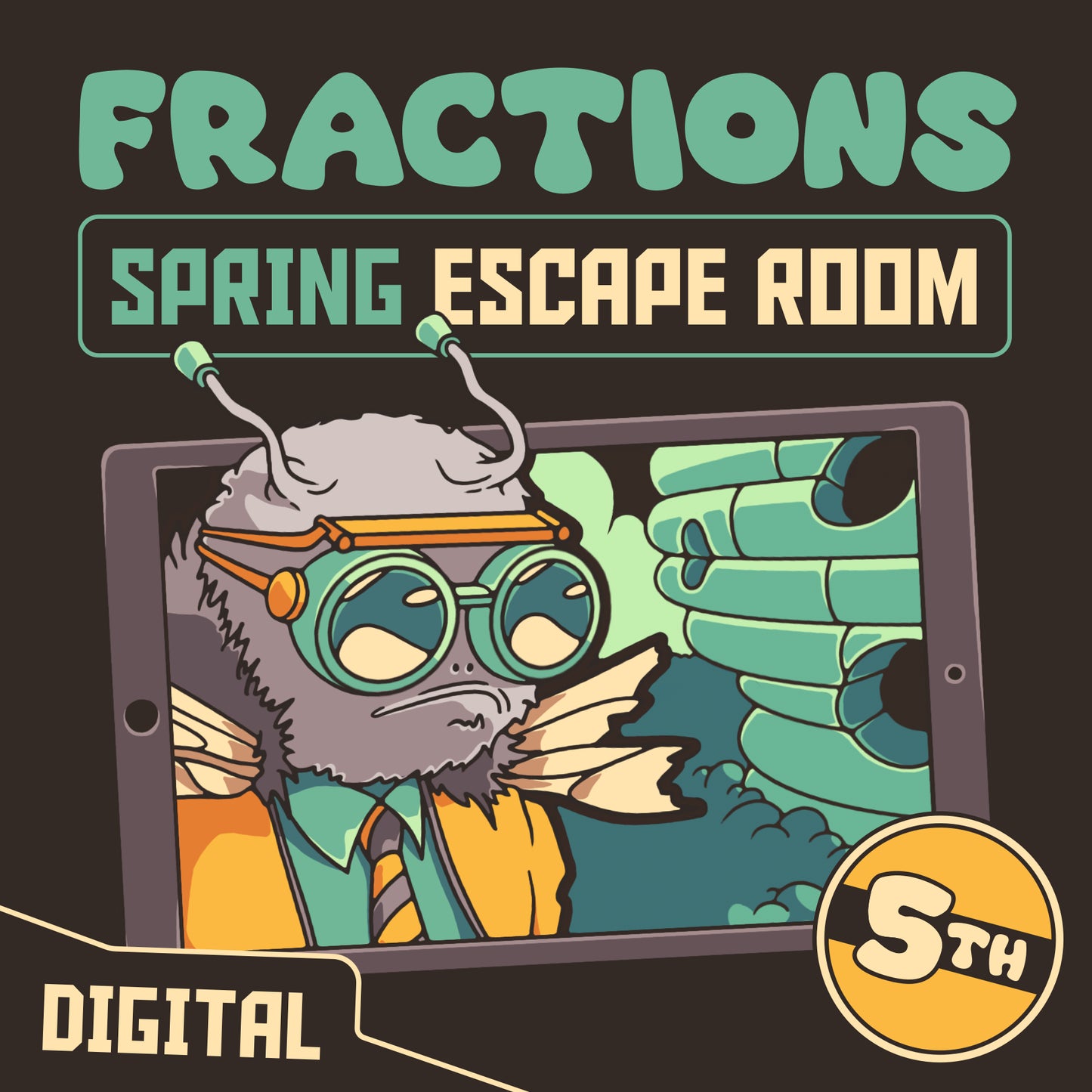 5th grade fractions escape room for digital devices, themed for spring and test prep.