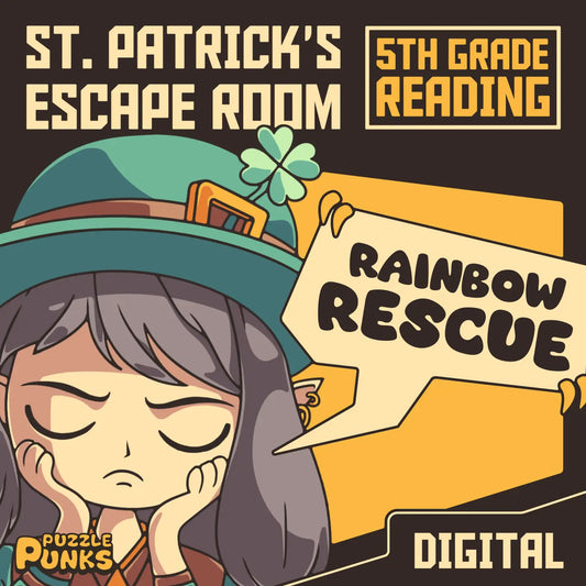 Digital St. Patrick's Day escape room for 5th grade reading comprehension, titled "Rainbow Rescue."