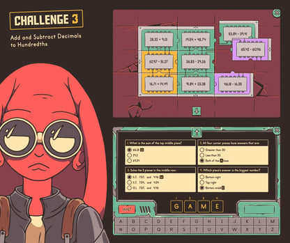 Digital adding and subtracting decimals to hundredths activity with a puzzle and multiple-choice section.