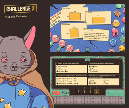 Digital area and perimter activity with a multiple-choice section.