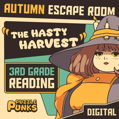 Cover image for "Puzzle Punks: The Hasty Harvest" — a 3rd grade fall reading comprehension escape room for digital devices.