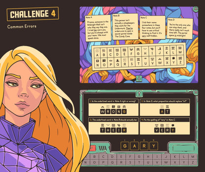 Digital grammar escape room showing a "common errors" activity: commonly-misspelled words, prepositions, and more.