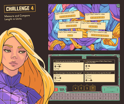 Digital measuring and comparing length in units activity with a multiple-choice section.