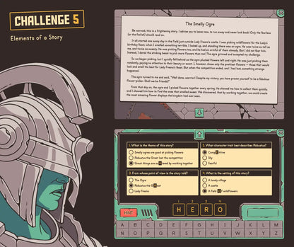 Digital elements of a story activity with a multiple-choice section.