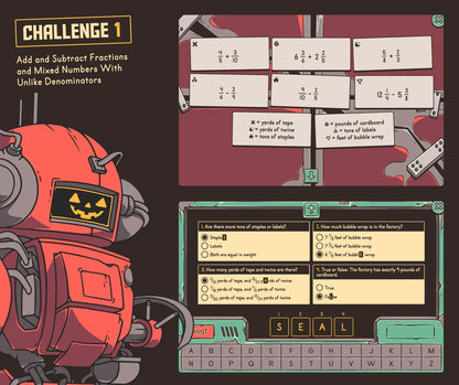 Virtual fall fractions game, covering adding and subtracting fractions and mixed numbers with unlike denominators.