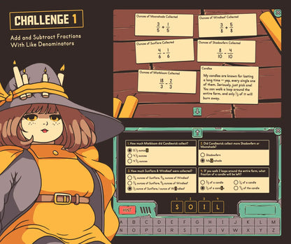 Virtual fall fractions game, covering adding and subtracting fractions with like denominators.