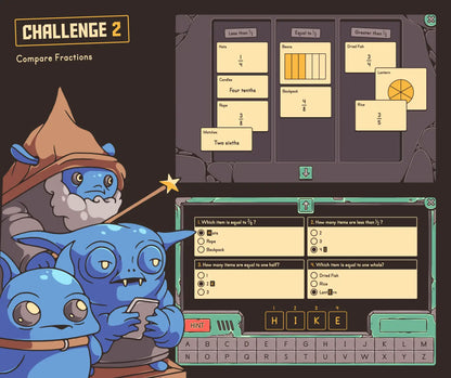 Online fall fractions activity, covering comparing fractions with numbers, words, and shapes.