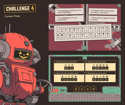 Digital autumn reading game focused on defining vocabulary words based on context clues.