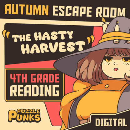 Cover image for "Puzzle Punks: The Hasty Harvest" — a 4th grade fall reading comprehension escape room for digital devices.