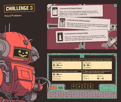 Digital multiplication word problems with an autumn theme and multiple-choice quiz.