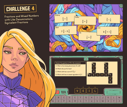 Digital fractions and mixed numbers with like denominators and equivalent fractions activity with a crossword puzzle section.