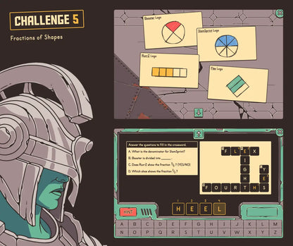 Digital fractions of shapes activity with a crossword puzzle section.