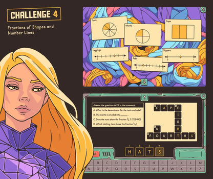 Digital fractions of shapes and number lines activity with a crossword puzzle section.