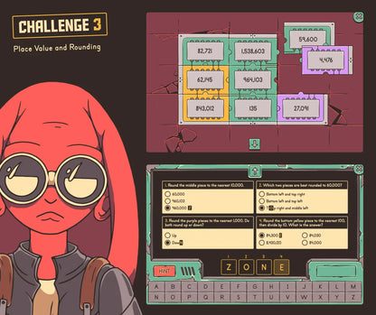 Digital place value and rounding activity with a puzzle and multiple-choice section.