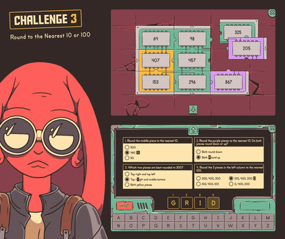 Digital rounding to the nearest 10 or 100 activity with a puzzle and multiple-choice section.