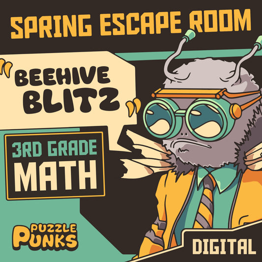 Puzzle Punks digital spring escape room for 3rd grade math, entitled "Beehive Blitz."