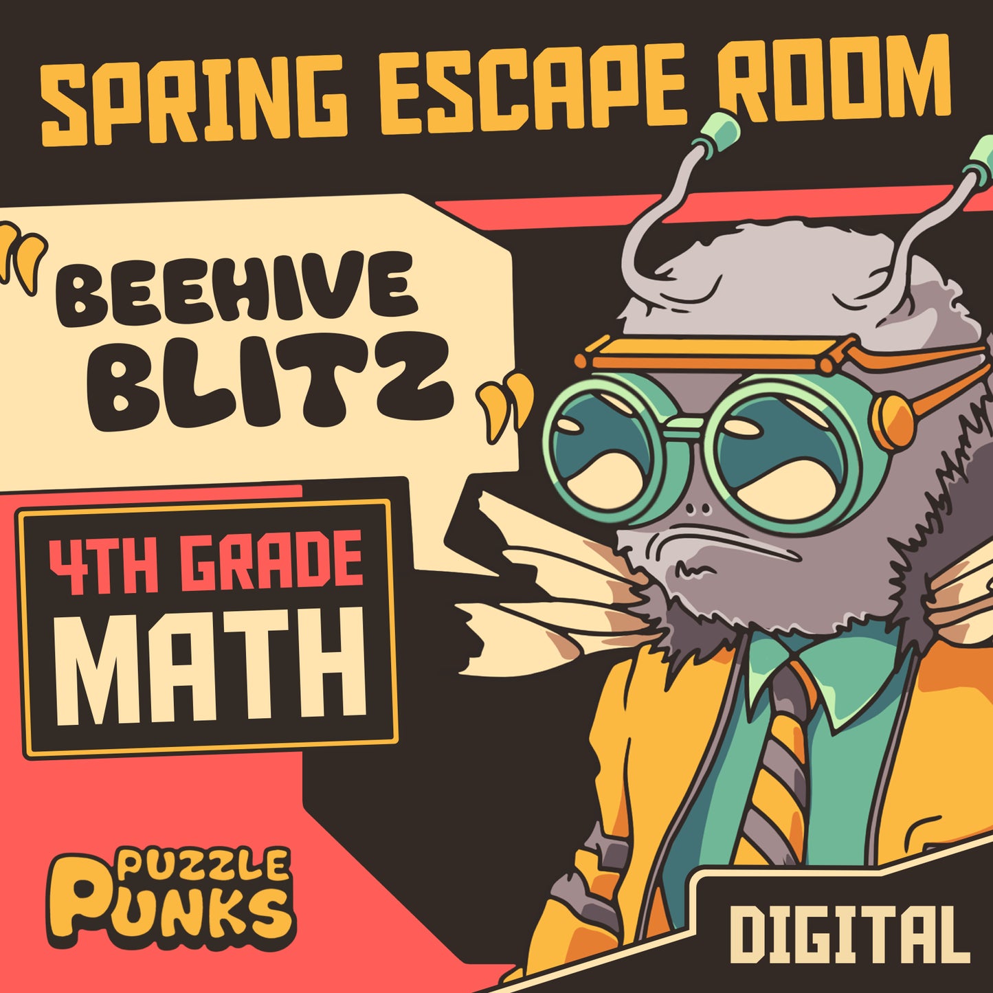 Puzzle Punks digital spring escape room for 4th grade math, entitled "Beehive Blitz."