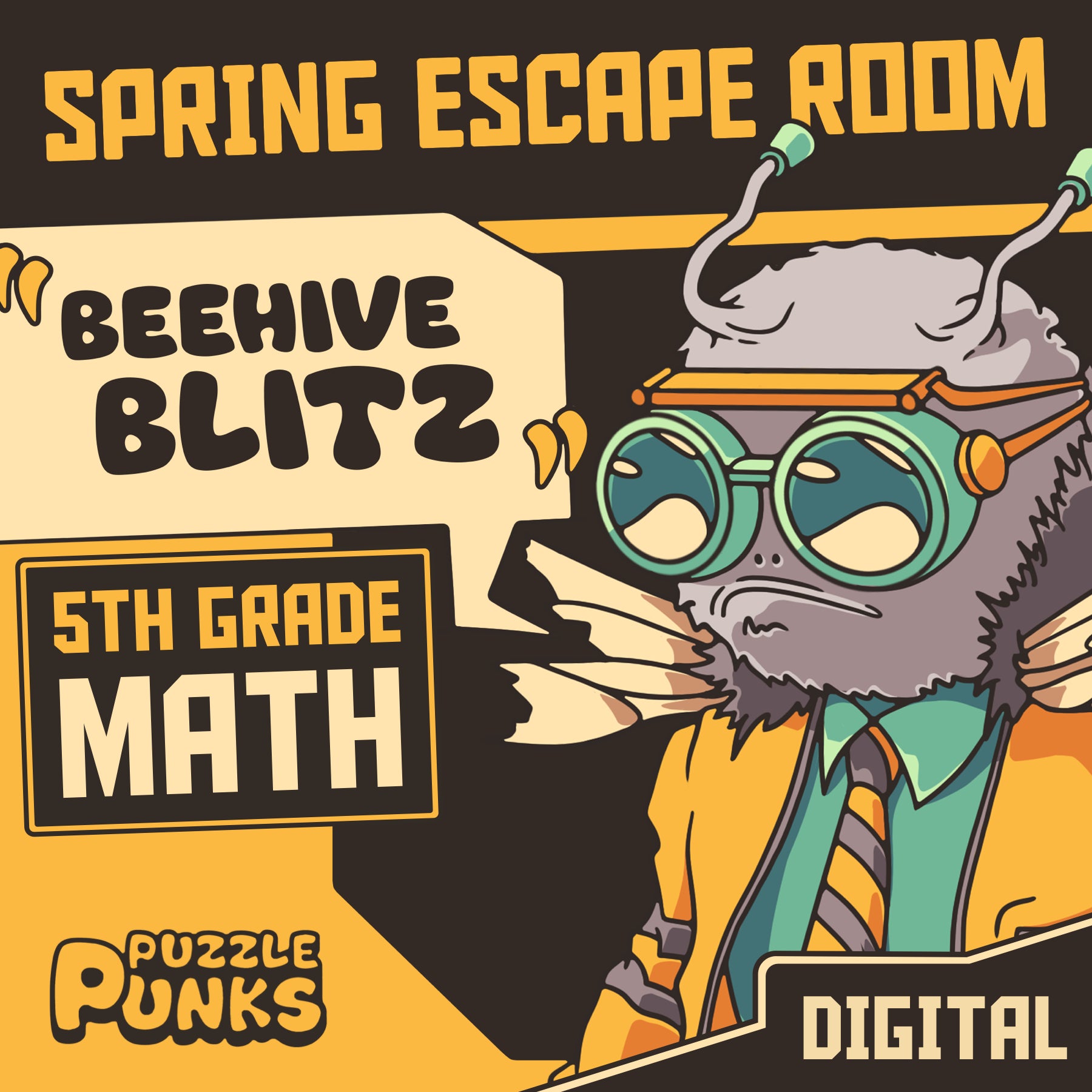 Puzzle Punks digital spring escape room for 5th grade math, entitled "Beehive Blitz."