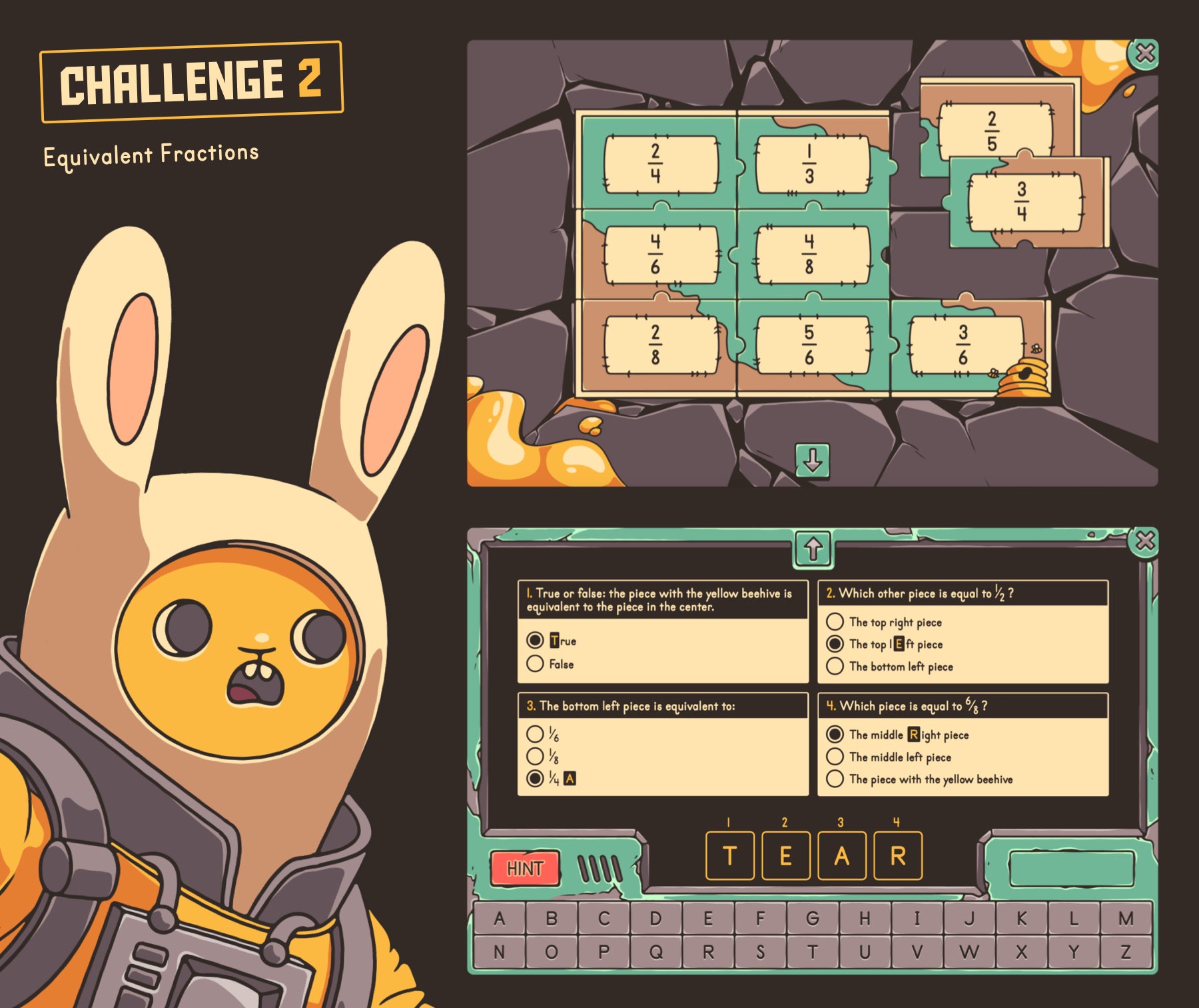 Online spring equivalent fractions review game for 3rd grade.