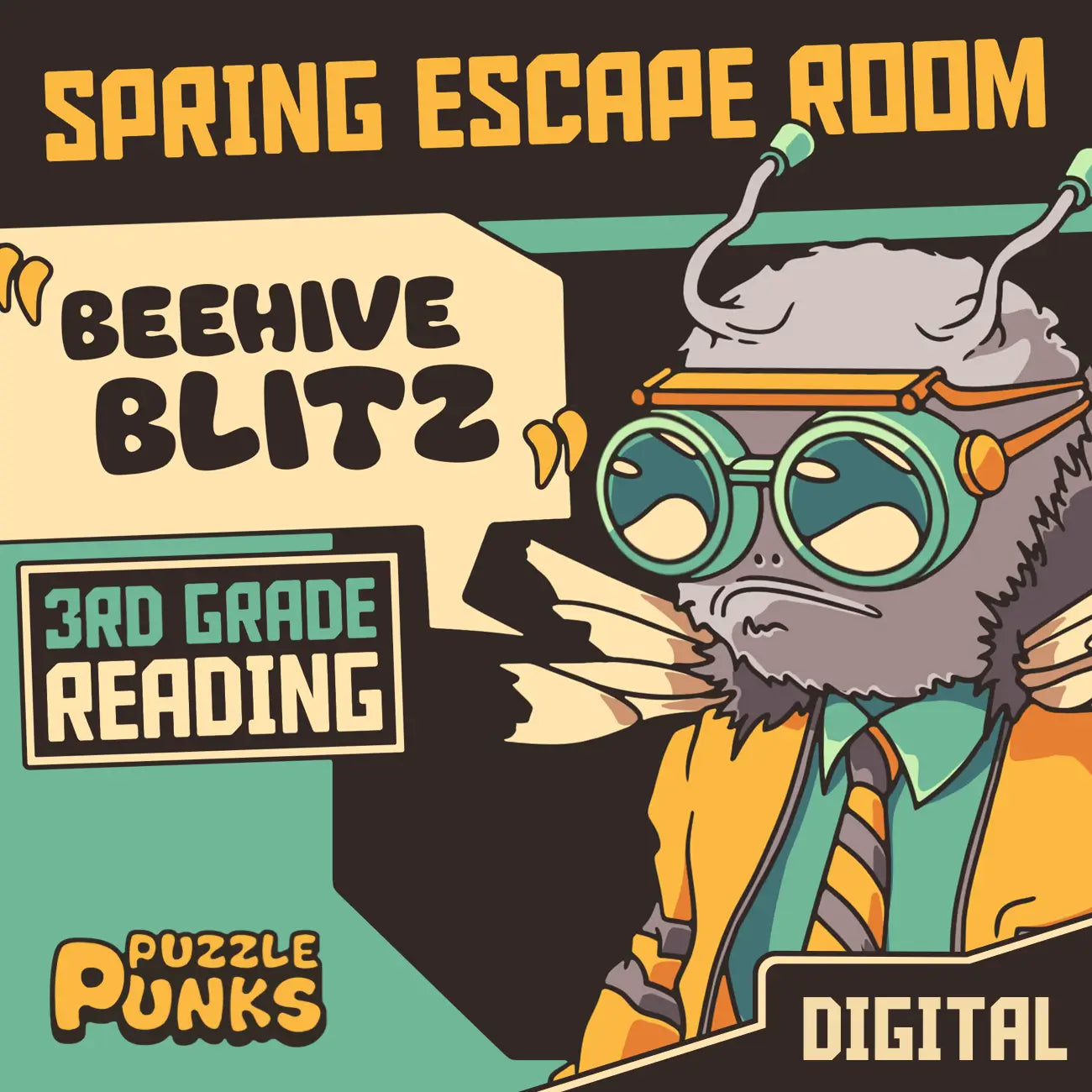 Digital spring escape room for 3rd grade reading comprehension, titled "Puzzle Punks: Beehive Blitz."