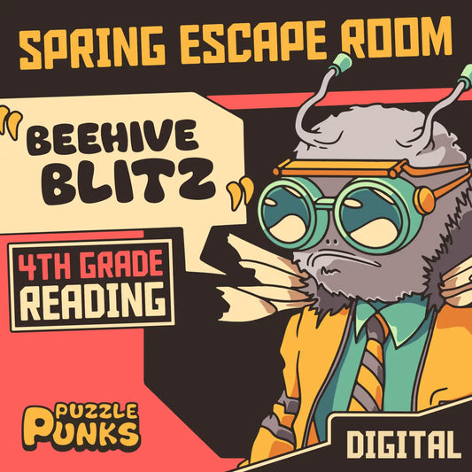 Digital spring escape room for 4th grade reading comprehension, titled "Puzzle Punks: Beehive Blitz."