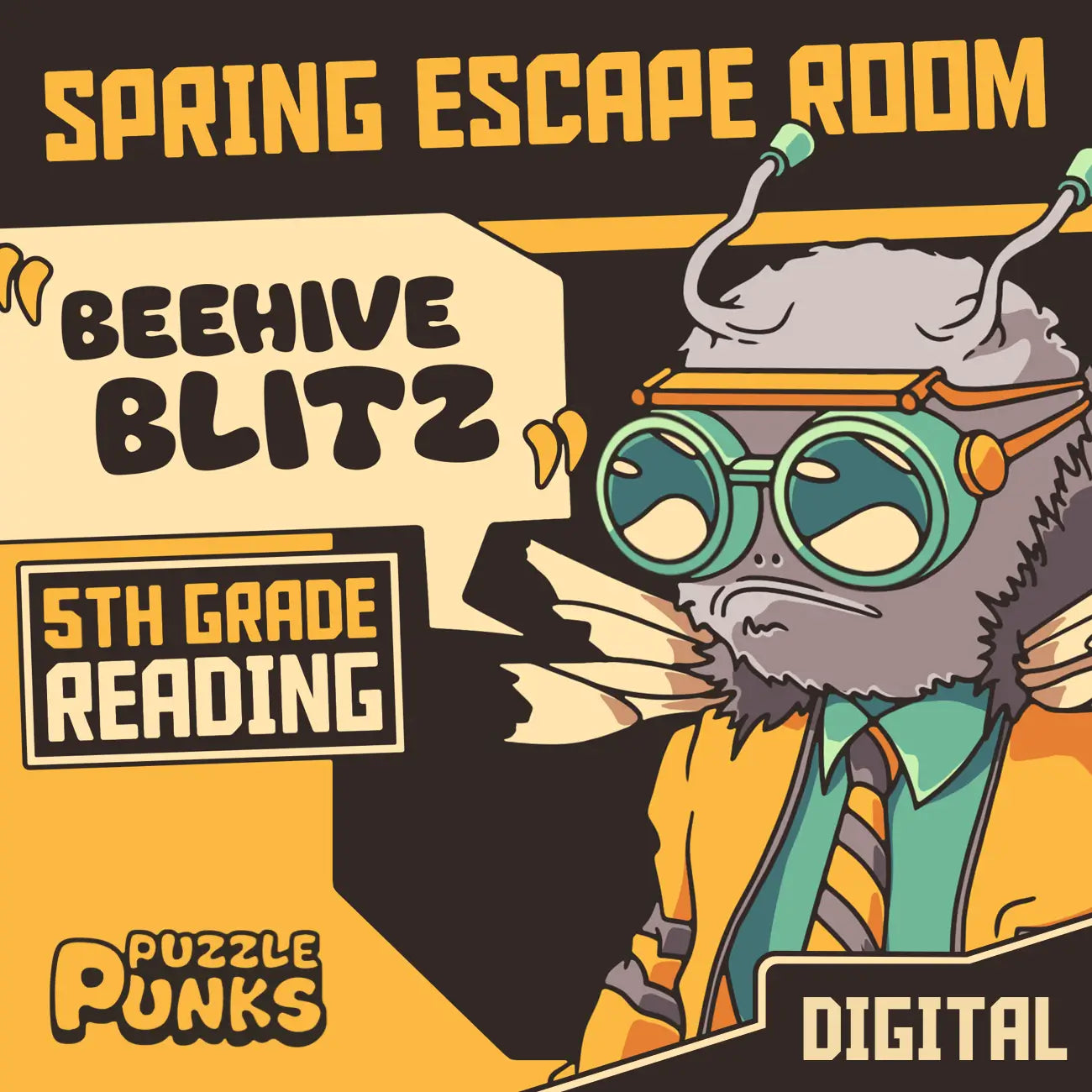 Digital spring escape room for 5th grade reading comprehension, titled "Puzzle Punks: Beehive Blitz."