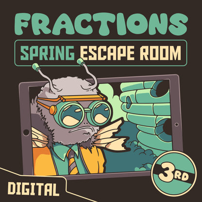 3rd grade fractions escape room for digital devices, themed for spring and test prep.