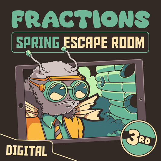 3rd grade fractions escape room for digital devices, themed for spring and test prep.