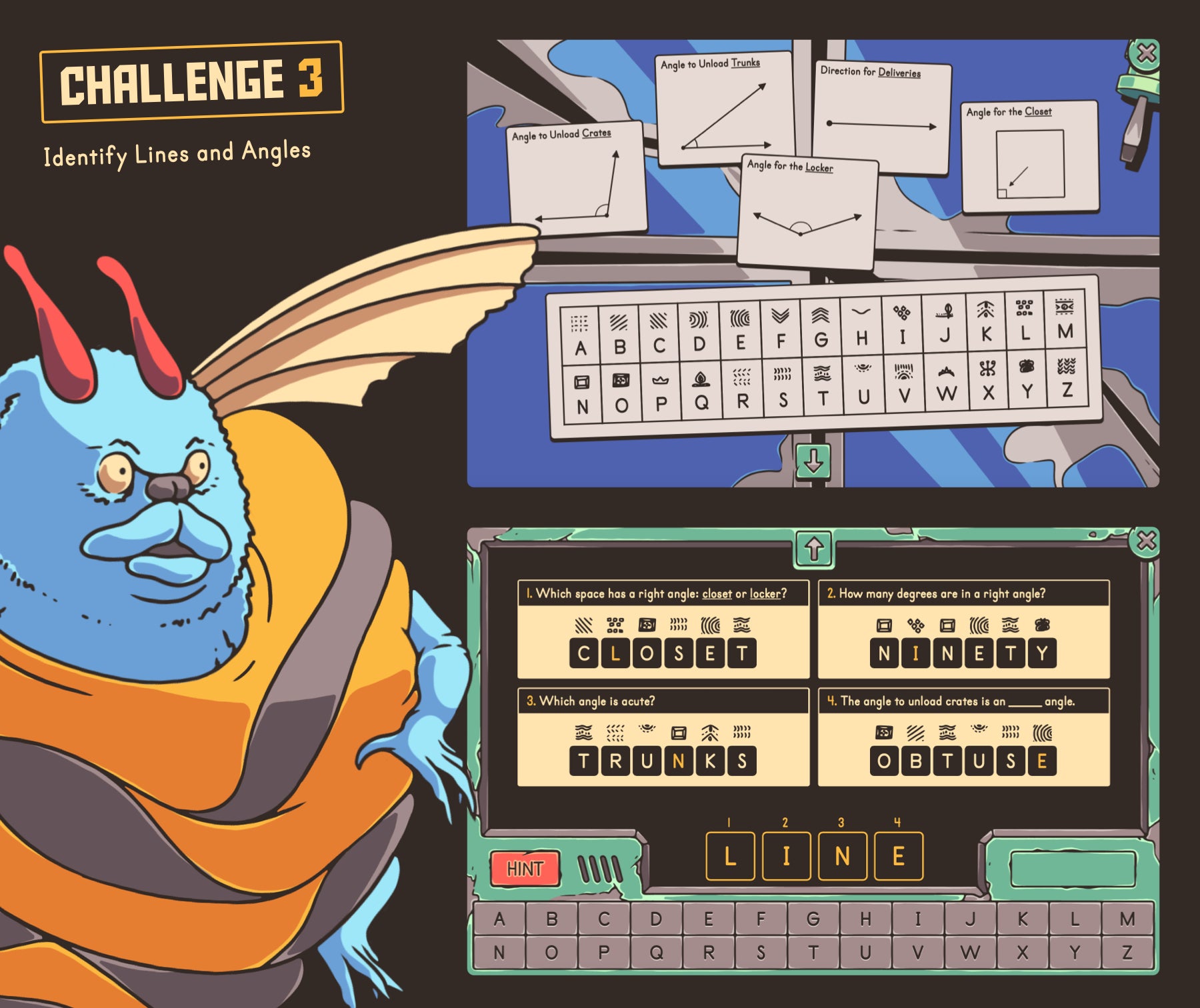 Virtual spring lines and angles review game for fourth grade spring test prep.