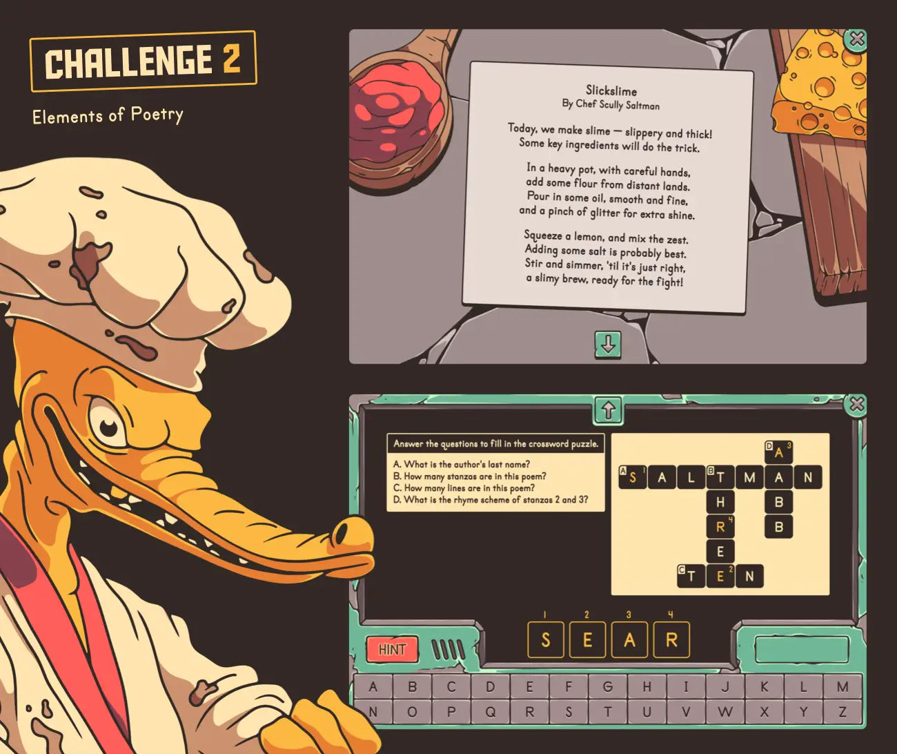 Digital summer elements of poetry game covering author, stanzas, lines, and rhyme scheme.