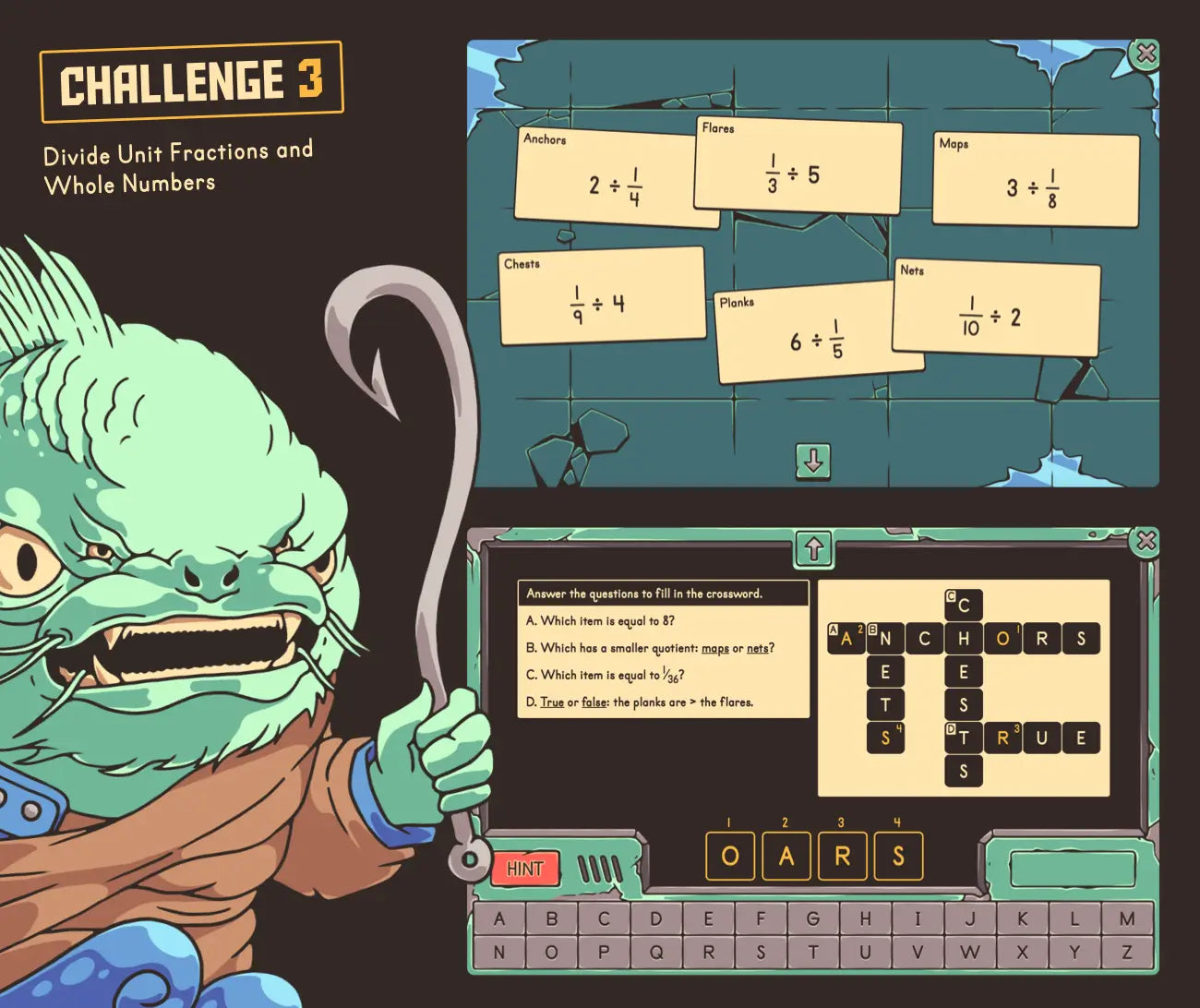 Online Christmas dividing unit fractions and whole numbers activity.