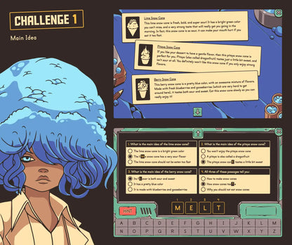 Virtual main idea game with a winter theme and multiple-choice answer section.
