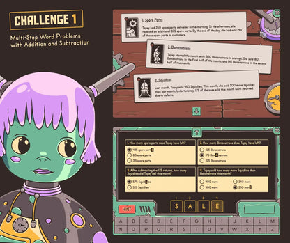 Digital multi-step word problems with addition and subtraction activity with a multiple-choice section.