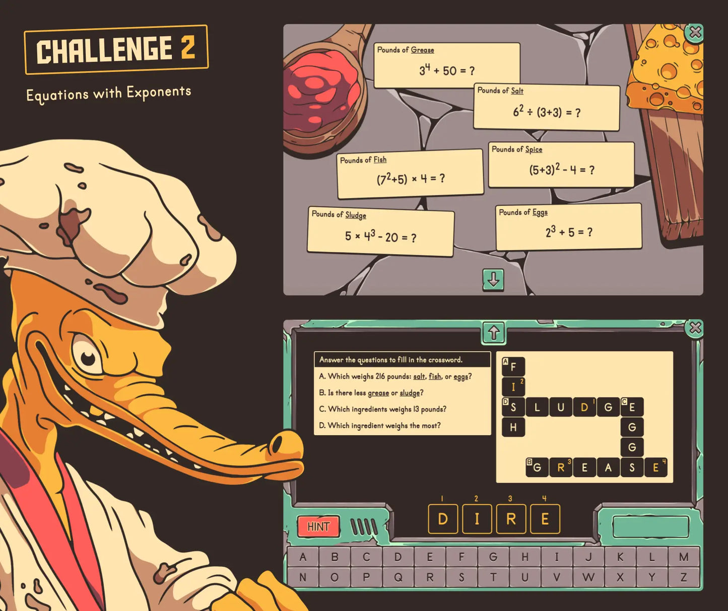 Online order of operations equations with exponents test prep activity, with a summer theme and a crossword puzzle.