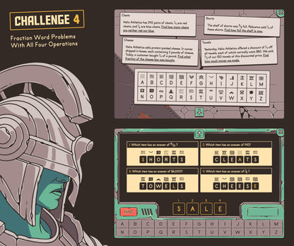 Digital fraction word problems with all four operations game with a cryptogram answer section.